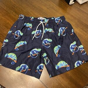 Tropical Chameleon Print Swim Trunks - Navy